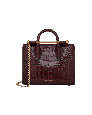 Strathberry croc-embossed nano tote in burgundy with top handles and gold chain