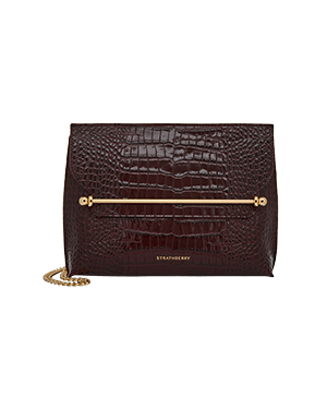 Strathberry croc-embossed leather Stylist bag with gold bar and chain strap.