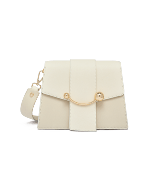 Vanilla and diamond box crescent bag with gold crescent hardware and wide strap