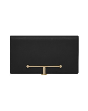 Large black leather wallet with gold T-bar fastener on front.