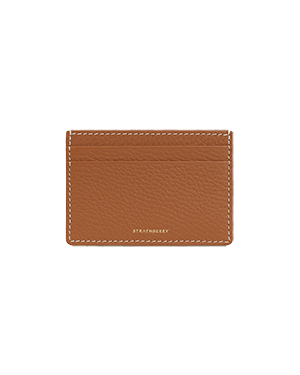 Tan leather Strathberry cardholder with vanilla stitching and multiple card slots.