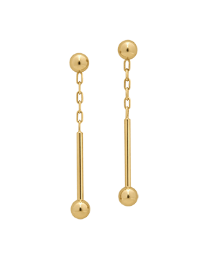 Pair of 22-carat gold-gilded music bar drop earrings on plain background