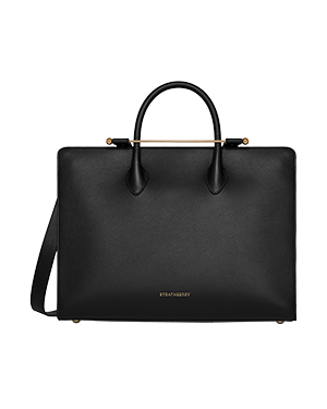 Black leather tote with top handles, shoulder strap, gold hardware and Strathberry logo.