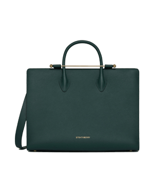 Bottle green Strathberry leather tote with top handles, shoulder strap and gold bar hardware.