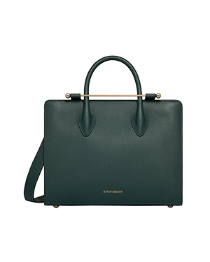 Bottle green Strathberry midi tote with top handles and detachable shoulder strap.