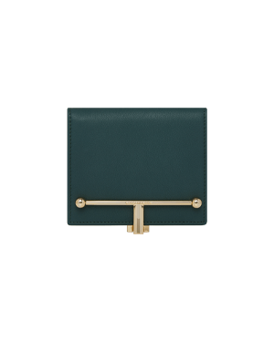Bottle green leather wallet with gold T-bar fastening and visible stitched edges.