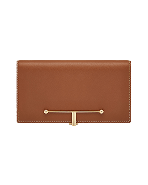 Chestnut leather long wallet with vanilla stitching and gold T-bar fastening.