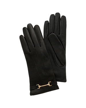 Pair of black Stockbridge gloves with gold horsebit detail, shown flat.