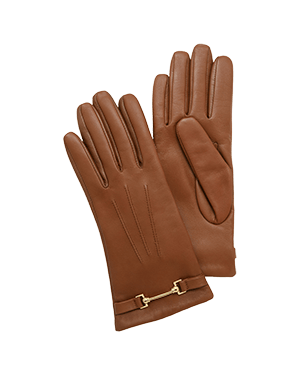Pair of tan leather gloves with gold hardware at the cuffs.