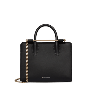Black Strathberry mini tote with top handles and gold chain shoulder strap