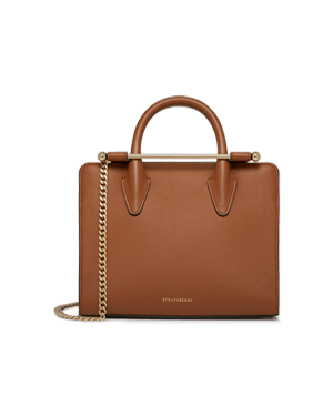 Strathberry chestnut mini tote bag with top handles and chain shoulder strap