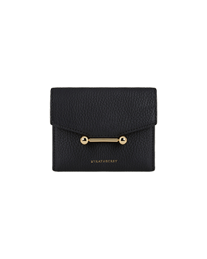 Black Strathberry Mosaic trifold wallet with gold bar hardware and grained texture