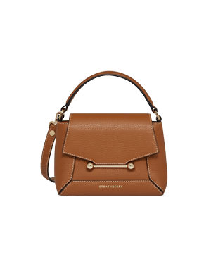 Tan Mosaic Nano top-handle bag with vanilla stitching, gold bar closure, Strathberry logo.