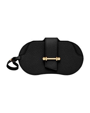 Black textured leather sunglasses case with gold bar fastening and wrist strap