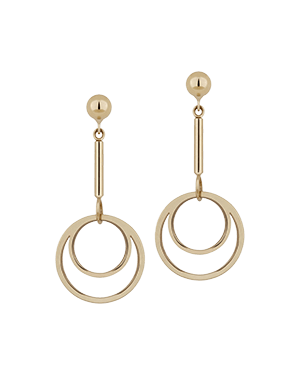 Pair of circle drop earrings with concentric double rings, 22 carat gold gilded.