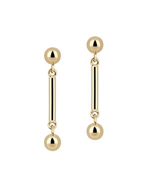 Pair of 22-carat gold bar drop earrings with top and bottom spheres, gilded finish.