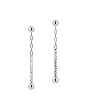 Pair of silver drop earrings with chain links, crystal-studded bars, and ball studs.
