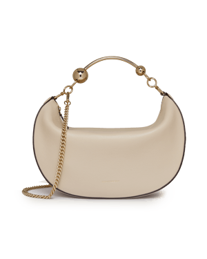 Oat crescent moon handbag with top handle, chain shoulder strap and gold hardware.
