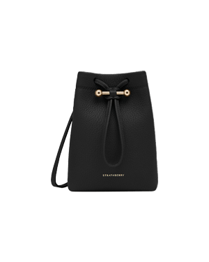 Black Osette midi pouch with drawstring closure and gold Strathberry logo