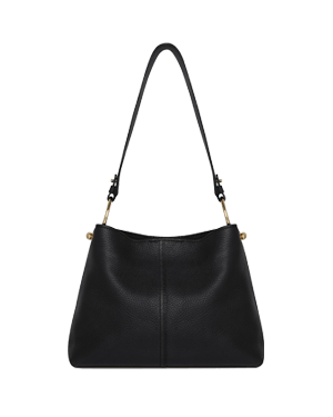 Black hobo bag with single shoulder strap, centre seam and gold hardware.
