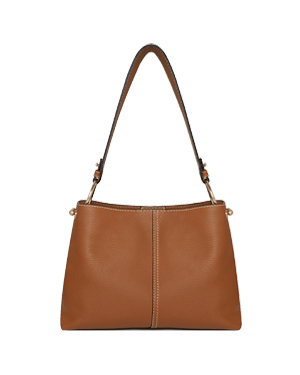 Tan leather hobo bag with single shoulder strap and centre seam