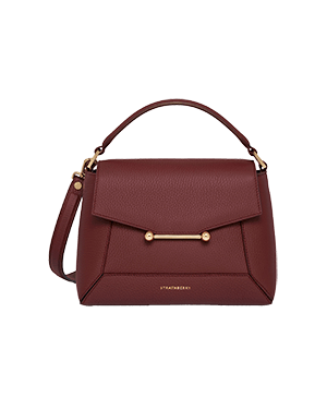 Oxblood mosaic bag with top handle, detachable shoulder strap, gold bar detail, Strathberry