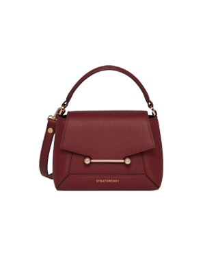 Strathberry Mosaic Nano satchel in oxblood leather with top handle and metal bar closure.