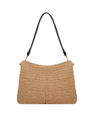 Raffia hobo bag with black shoulder strap and textured woven body, rectangular silhouette