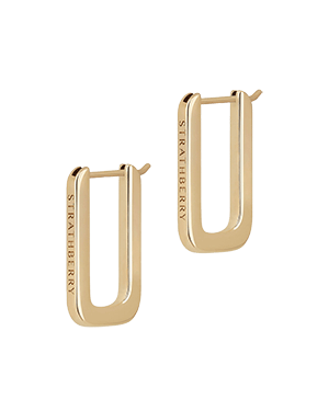 Pair of 22 carat gold gilded rectangular hoop earrings with Strathberry engraving.