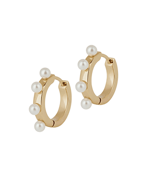 Pair of 22 carat gold-gilded huggie earrings with five pearls on each hoop.