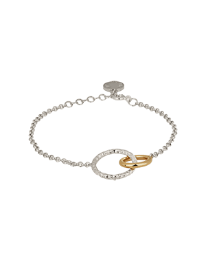 Sterling silver chain bracelet with a circular halo linked to 24-carat gold rings.