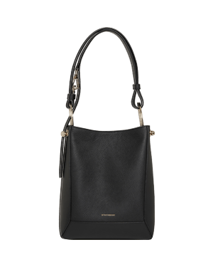 Black midi bucket bag with single top handle, tassel and gold-tone hardware.