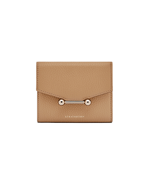 Caramel trifold wallet with gold bar detail and Strathberry logo