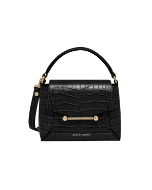 Black croc-embossed Strathberry Mosaic Nano bag with top handle and gold bar closure.