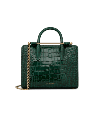 Green croc-embossed mini tote with top handles, gold chain strap, Strathberry logo.