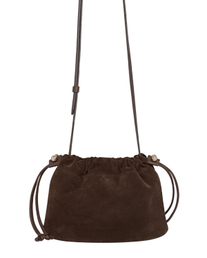 Chocolate suede drawstring cross-body bag with long adjustable strap and gathered top