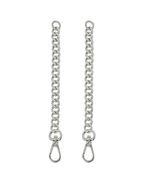 Two silver chain extenders with spring clips and top attachment rings