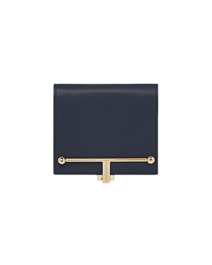 Marine blue square wallet with gold bar clasp and smooth leather finish.