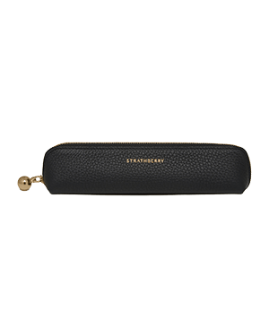 Black Strathberry pebbled leather pencil case with gold zip and round pull.