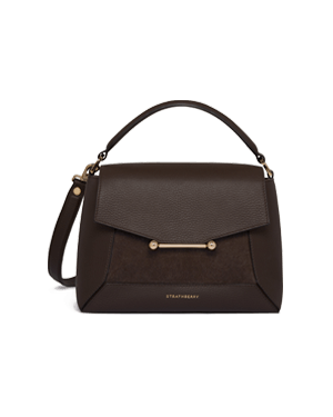 Dark chocolate suede and leather Mosaic bag with top handle and gold hardware, Strathberry.