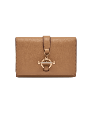 Caramel pebbled leather medium trifold wallet with gold-tone bar fastening.