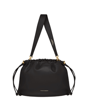 Strathberry Charlotte Midi drawstring shoulder bag in black with gold hardware