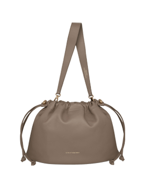 Taupe Strathberry Charlotte Midi drawstring bag with shoulder strap and gold logo