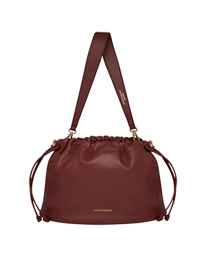 Strathberry Charlotte midi drawstring bag in oxblood leather with wide shoulder strap