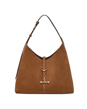 Tan suede hobo bag with single shoulder strap and gold ring-and-bar closure.