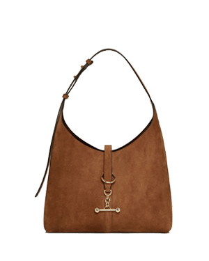 Tan suede Kite Hobo bag with adjustable shoulder strap and gold bar hardware.