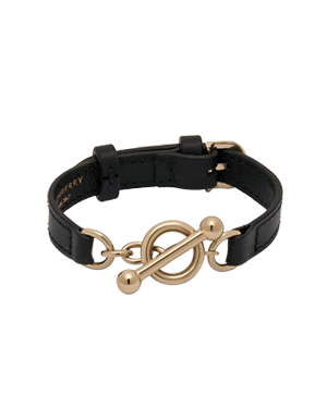 Black leather bracelet with gold-tone circular toggle fastening and buckle.