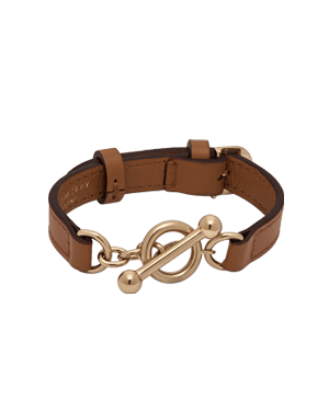 Tan leather bracelet with gold toggle bar clasp and circular loop.
