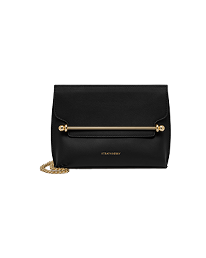 Black Strathberry Stylist Mini bag with gold bar detail and chain strap.