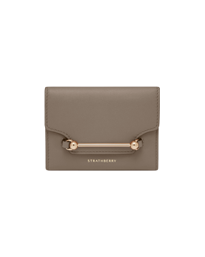 Strathberry Multrees trifold wallet in taupe with gold bar hardware